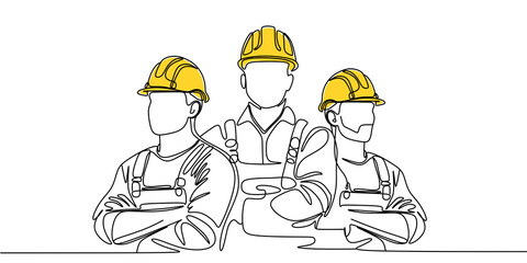 One line drawing of male building builder groups wearing helmet. Great team work concept. Trendy continuous line draw design graphic vector illustration