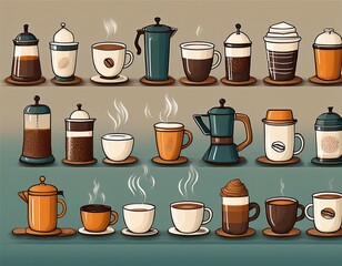 This set of clean, simple illustrations showcases various coffee cups and brewing methods