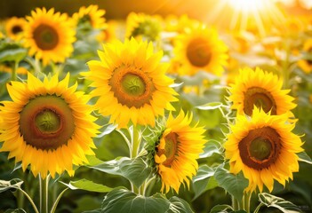 Obraz premium vibrant sunflower arrangement bathed radiant daylight showcasing bright yellow petals lush green leaves, floral, bouquet, bloom, garden, sunlight, fresh