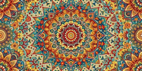Colorful kaleidoscopic design with intricate repeating motifs and details