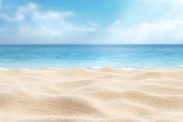 Fototapeta premium Serene beach scene with soft sand and a calm blue ocean under a bright sky, perfect for themes of relaxation, summer, and tranquility.
