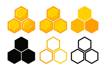 Honeycomb bee icons. Bee hive with honeycombs filled with honey in different styles.