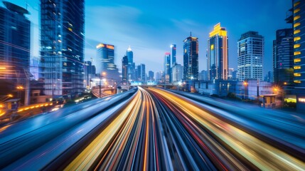 Fototapeta premium Urban skyline with light trails from fast-moving trains
