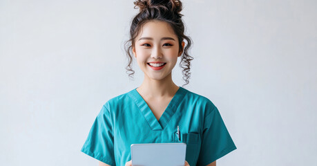A young Asian nurse radiates positivity in teal scrubs, smiling with her hand in her pocket while looking at the camera against a white background.