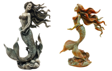 Set of a mermaid statue isolated on transparent background.