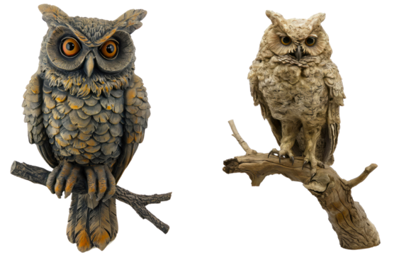 Set of an owl statue perched on a branch isolated on transparent background.