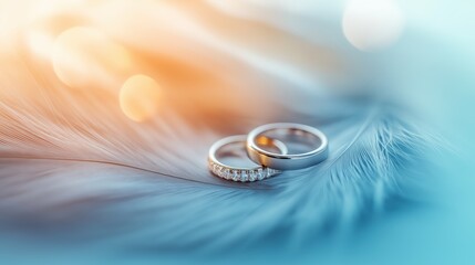 Two wedding rings resting on a soft feather with warm sunlight filtering through. Symbolizes love, marriage, and commitment.