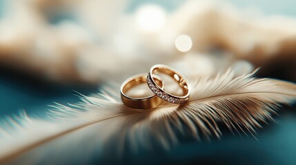 Close-up of two gold wedding rings placed on a delicate feather with a soft bokeh background. Represents elegance, love, and matrimonial commitment.