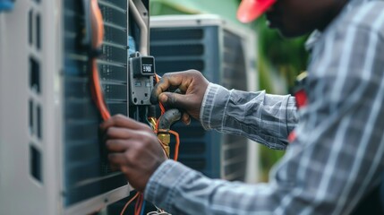 Technician adjusting settings on a sleek heating and air conditioning inverter unit