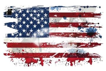 Graffiti style painting of the USA flag on a white background with paint splatters, American patriotism and urban art
