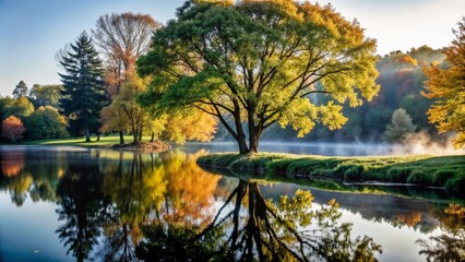 Fototapeta premium Sprawling Tree Covered in Autumn Leaves on Small Island Amid Foggy Water