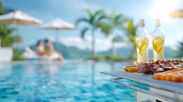 A couple is enjoying a day at the beach, with a grill