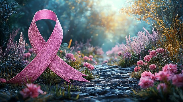 A breast cancer awareness poster with a pink ribbon and key information about the importance of early detection through mammograms 