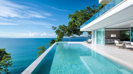 Fototapeta premium A large pool with a white umbrella and a view of the ocean