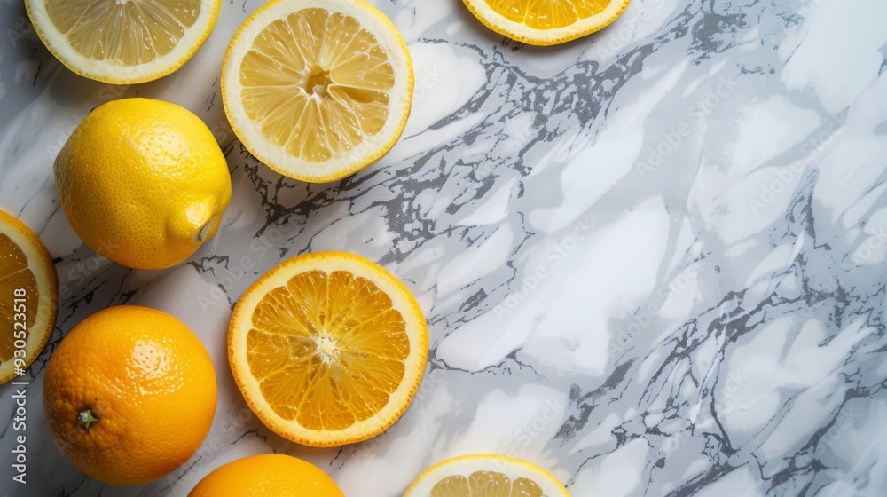Poster sliced oranges and lemons on a marble background