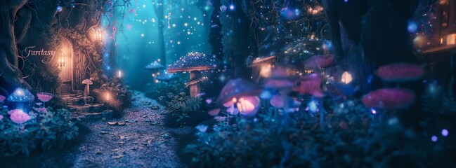 Fototapeta premium Mystical Forest Path with Glowing Mushrooms and Lanterns at Night