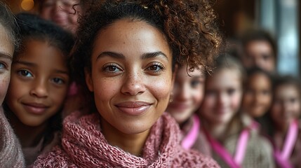 A touching image of a woman surrounded by her family, all wearing pink ribbons in support of her battle against breast cancer 
