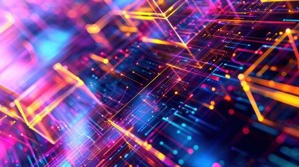 Fototapeta premium Colorful blocks in shades of pink and purple float against a neon blue backdrop, creating a vibrant and futuristic digital network.