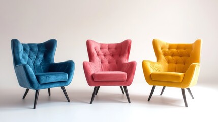 Three colorful velvet armchairs standing in an empty room