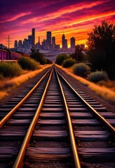 Fototapeta premium captivating train tracks leading vibrant sunset skyline colorful clouds distant buildings, colors, horizon, journey, transportation, scenery, landscape