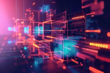 Obraz premium Colorful blocks in shades of pink and purple float against a neon blue backdrop, creating a vibrant and futuristic digital network.