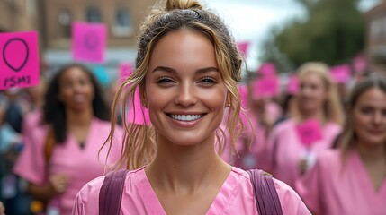 A realistic photo of a breast cancer awareness event, with participants holding pink ribbons and banners advocating for early detection 
