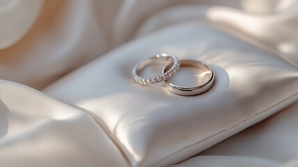 Close-up of two elegant wedding rings placed on a soft white pillow, illuminated by gentle light, symbolizing love and commitment.