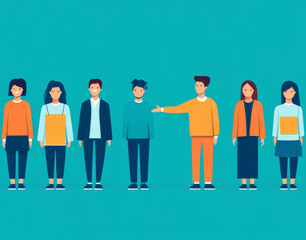 A group of people standing in a line, one of them is wearing a yellow shirt