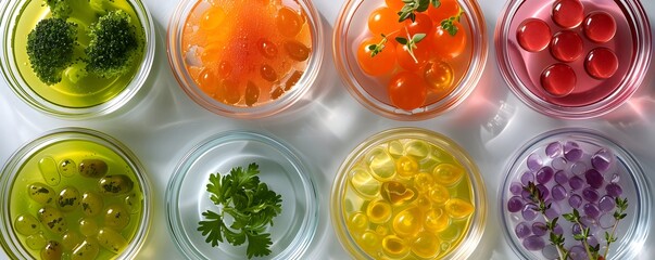 Vibrant Lab Grown Food Samples in Petri Dishes Showcasing Diverse Culinary Innovations