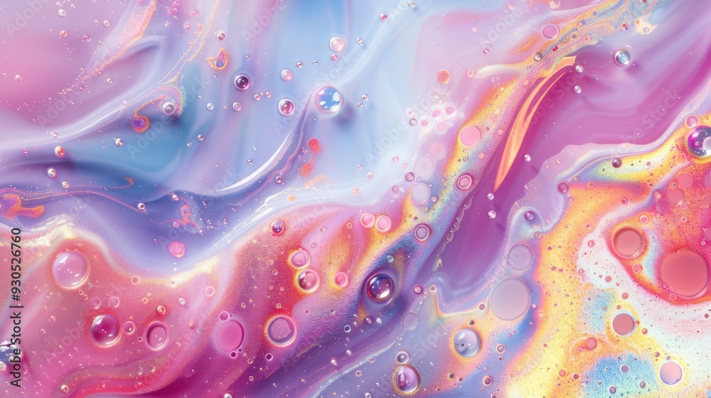 Poster abstract background of fluid iridescent paints with shimmering bubbles