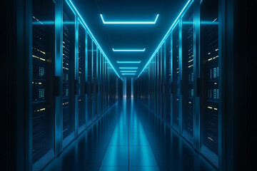 Fototapeta premium A long, dark hallway with rows of computer servers