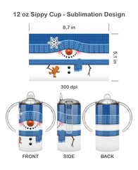 Funny Christmas Snowman. Seamless sublimation template for 12 oz Kids Sippy Cup. Seamless from edge to edge. Full cup wrap.