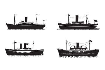 Obraz premium Boat Silhouette, Ship Silhouette, Vector Silhouette, Nautical Vector, Marine Design, Ocean Silhouette, SailingVector, ShipOutline, BoatVectorArt, SilhouetteGraphics, SeaVesselVector,