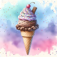 ice cream cone with chocolate ice cream and sprinkles watercolor