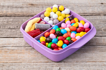 Mix of colorful candies . Multicolored unhealthy background. Sweet dessert