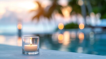 A candle is lit in a glass on a table by a pool