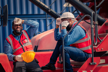Two Engineer or foreman wears PPE sitting stress on container background in container storage with...