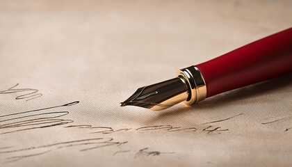 Fototapeta premium An elegant red fountain pen is displayed on a lightly scribbled sheet