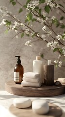Natural spa products arranged on a wooden tray with white towels and soap bars.  A branch of blooming flowers is behind the display.