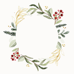 Christmas Winter Floral Wreath Frames Red and Green Plant in Watercolor Style