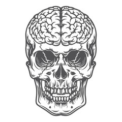 Vintage Monochrome Skull with Exposed Human Brain