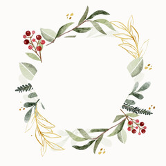 Christmas Winter Floral Wreath Frames Red and Green Plant in Watercolor Style