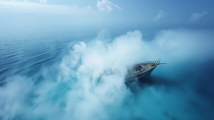 Naklejka premium A shipwreck is floating in the ocean with a foggy sky above it
