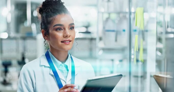 Woman, science and glass with tablet or research, problem solving and scientist in lab with online study. Pharmaceutical, development and brainstorming tasks, medical and ideas for clinic drug