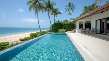 Fototapeta premium A pool with a white umbrella and a beach in the background