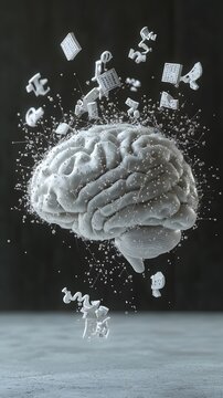 A 3D rendered brain with abstract shapes and symbols exploding from it, representing creativity, innovation and thought.