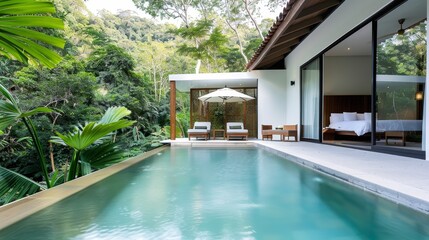 A beautiful pool with a white umbrella and a white house with a white roof