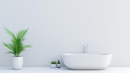 Fototapeta premium A white bathtub sits in front of a wall with a large plant