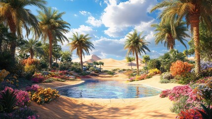 Fototapeta premium beautiful desert oasis with palm trees and colorful flowers