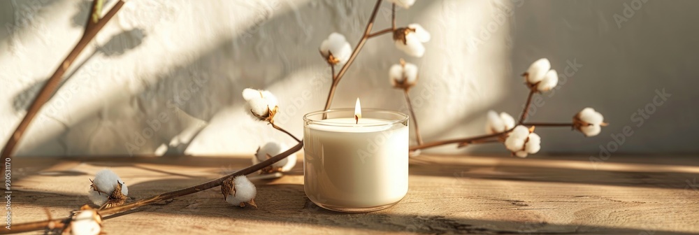 Wall mural Handcrafted Soy Wax Candle Displayed on Wooden Surface with Cotton Branch Mockup and Shadow Effect in Natural Style